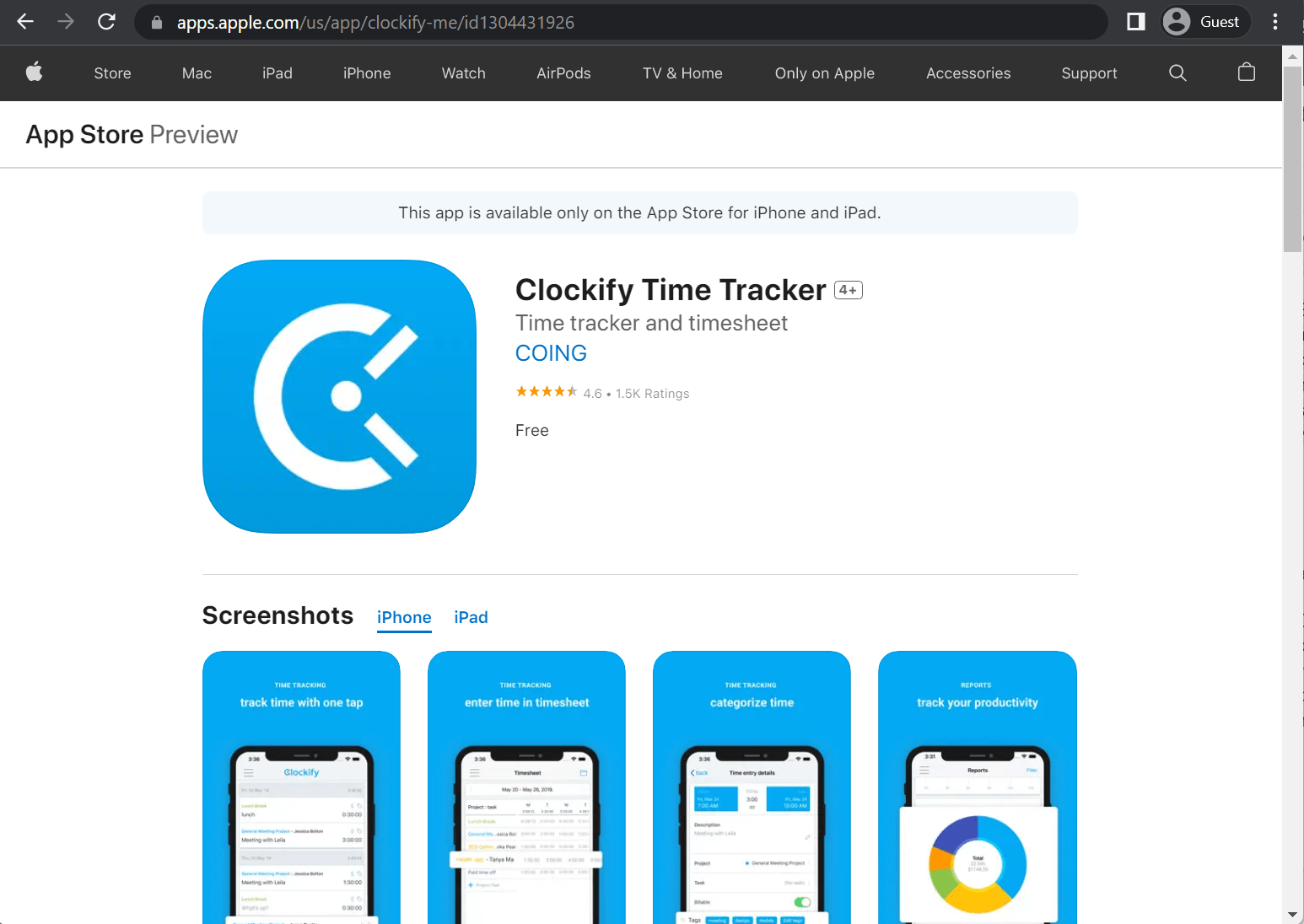 clockify app store page