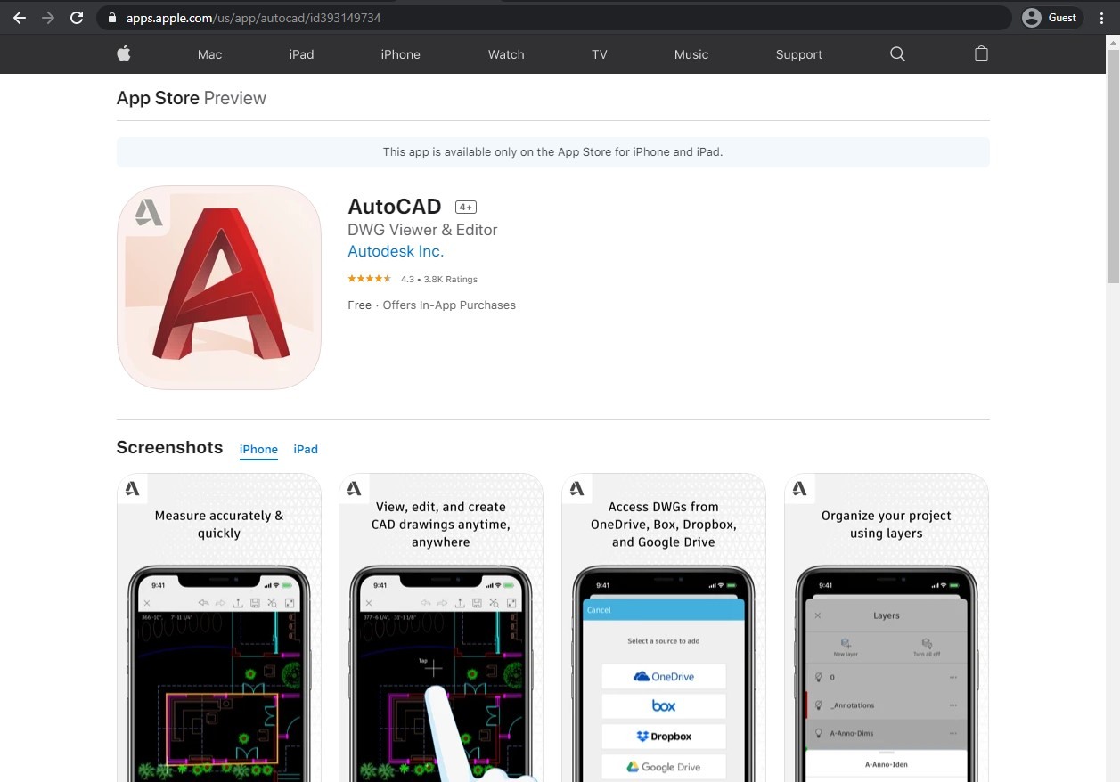 the appstore page of AutoCAD mobile app