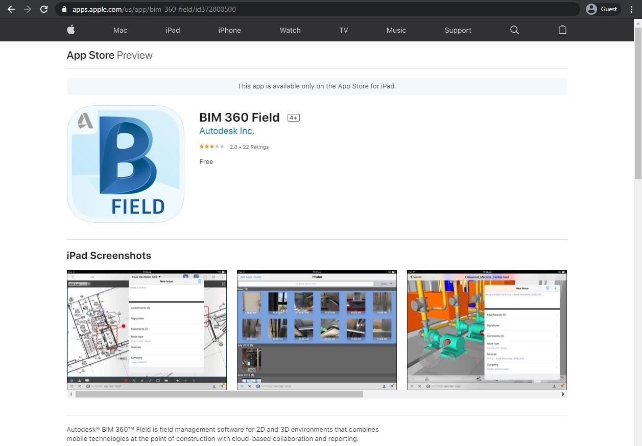 the appstore page of BIM 360 Field