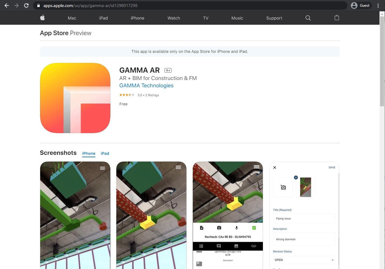 the AppStore page of Gamma AR