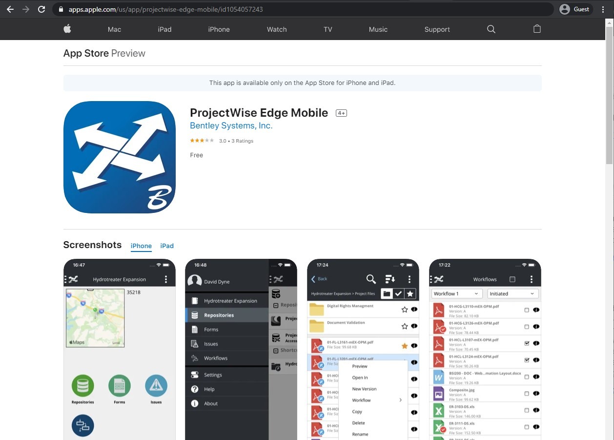the appstore page of ProjectWise Edge Mobile