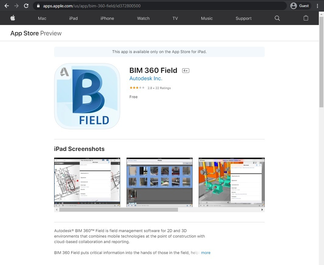 app store page of Autodesk BIM 360 Field