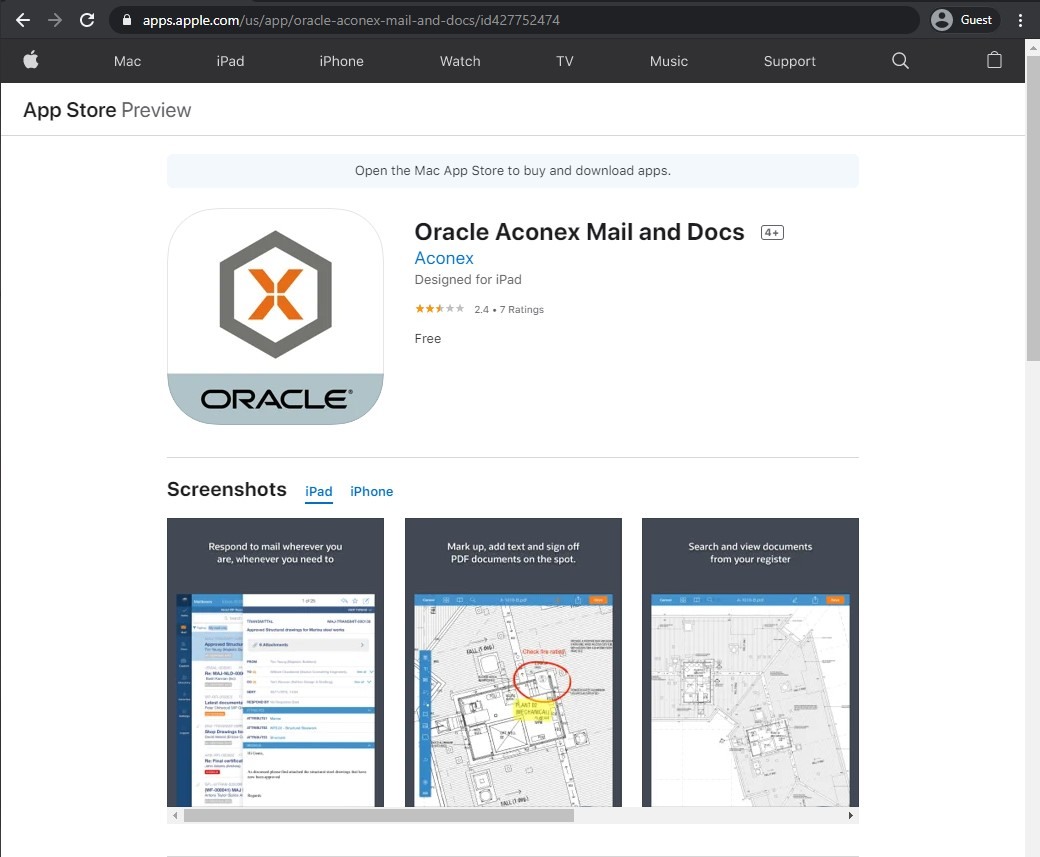 app store page of Oracle Aconex Mail and Docs