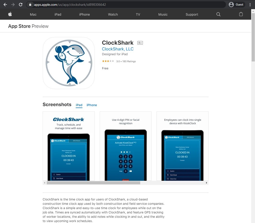 app store page of Clockshark