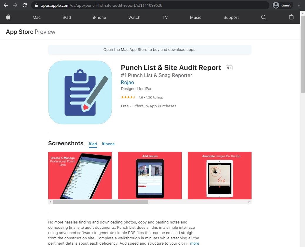 app store page of Punch List & Site Audit Report