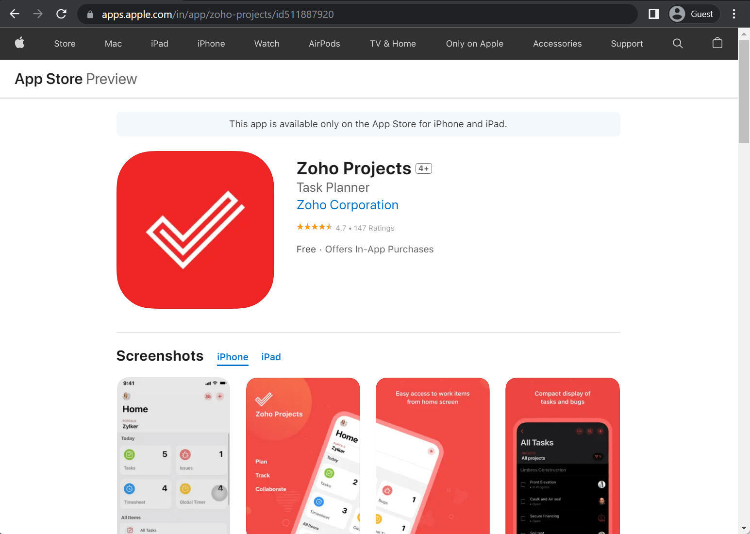 zoho projects app store page