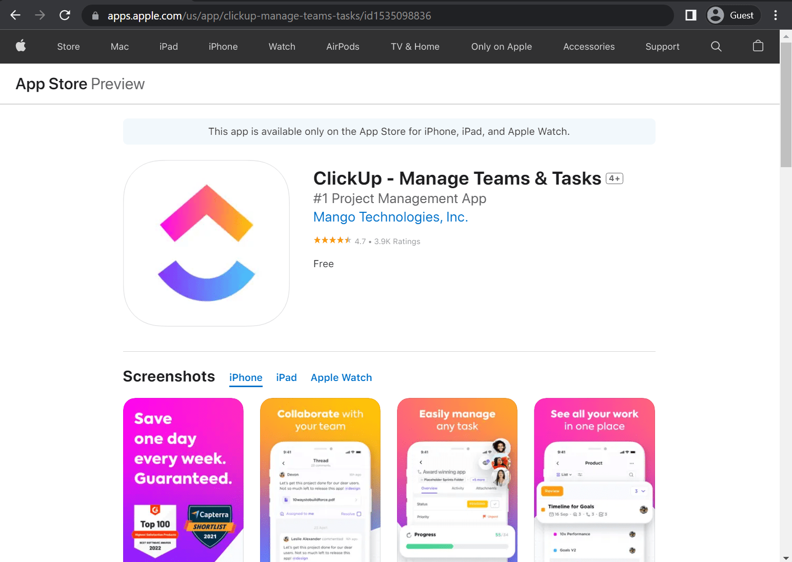 clickup app store page