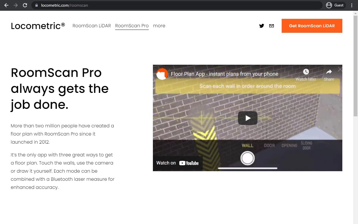 página de inicio del sitio web de RoomScan Pro