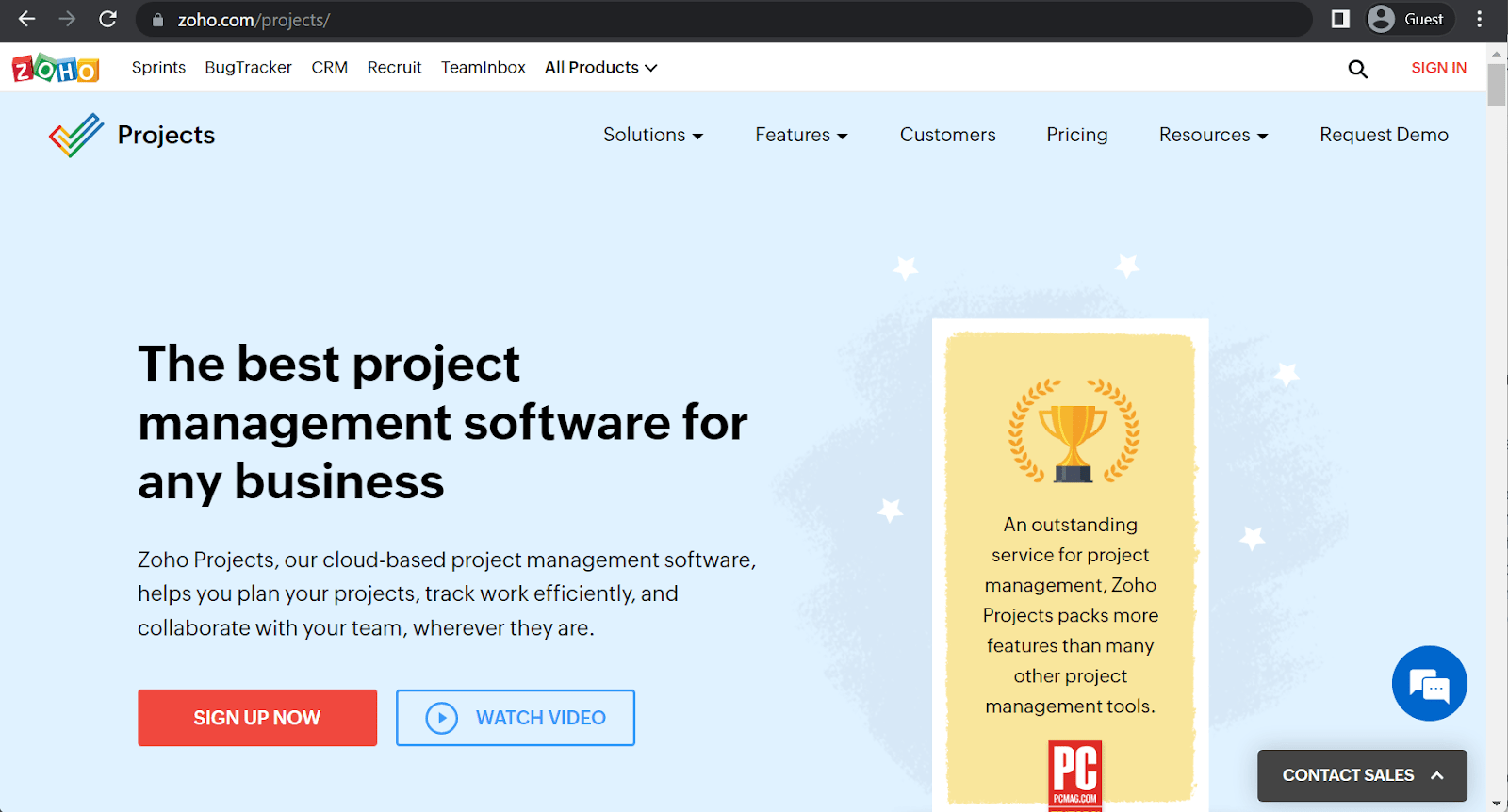 zoho projects landing page