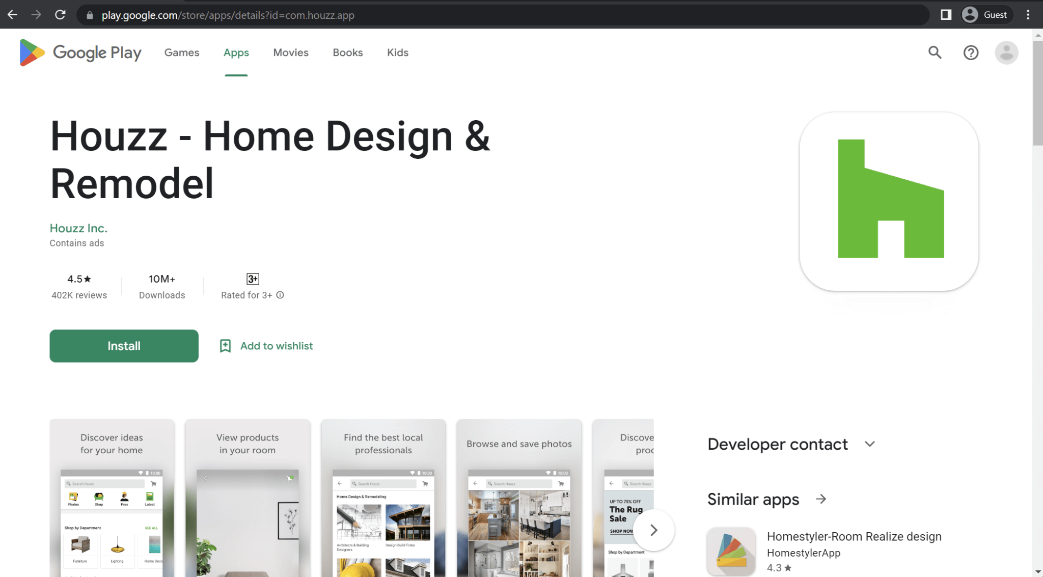 houzz android app landing page